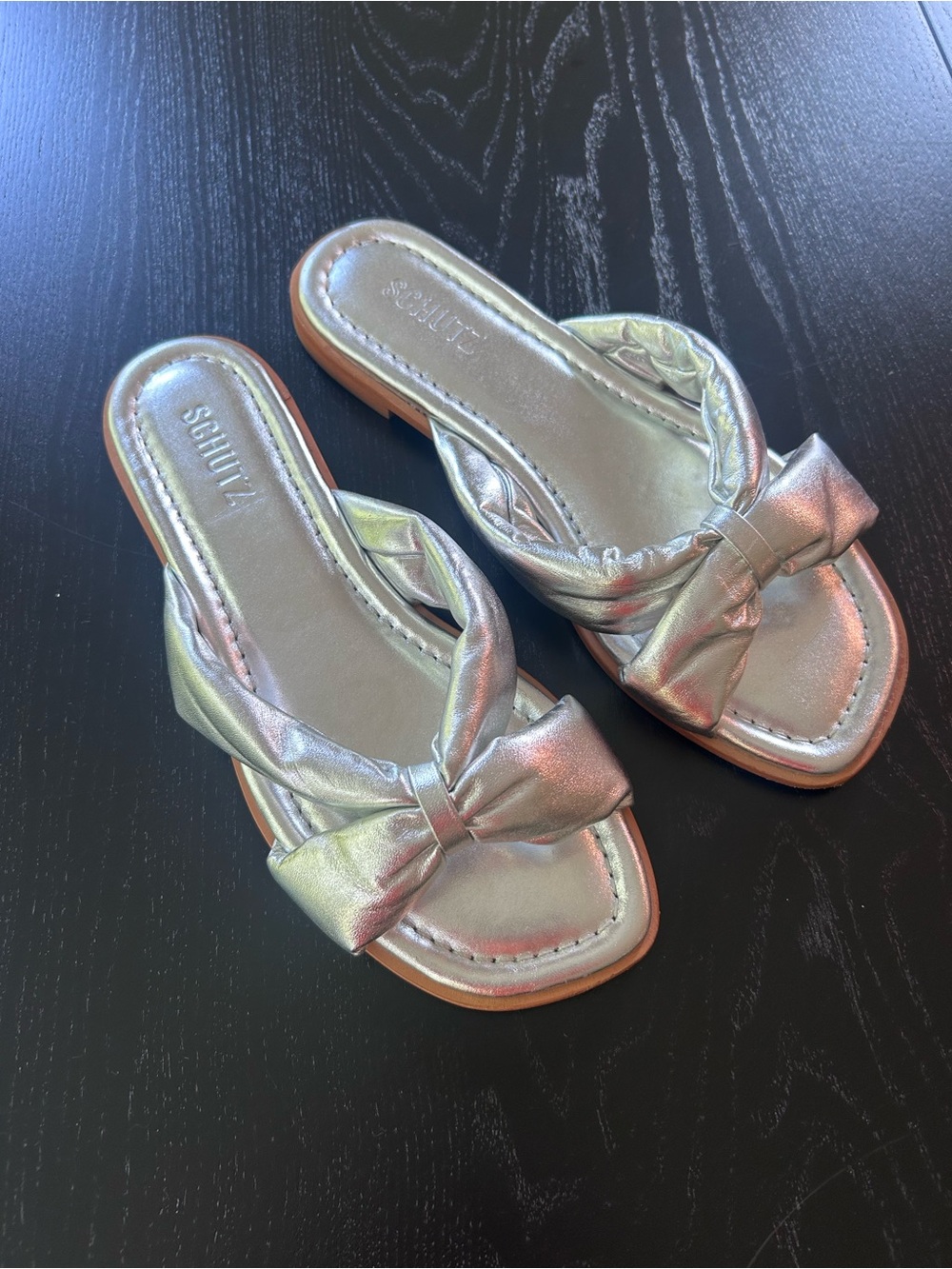 SCHUTZ Metallic Silver Bow Slide Sandals